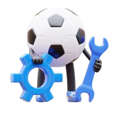 Soccer Ball Character With A Wrench And Gear 3D Illustration