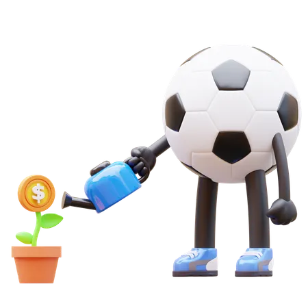 Soccer Ball Character Watering Money Plant For Investment  3D Illustration