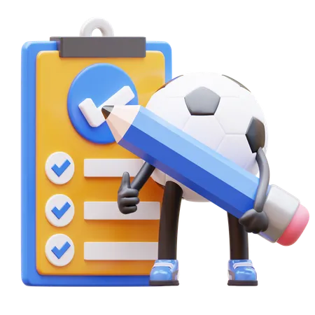 Soccer Ball Character Holding A Pencil And A Clipboard 3D Illustration