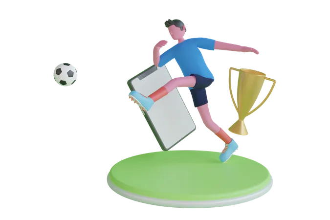 Soccer player kicks the ball on the soccer field 3D Illustration