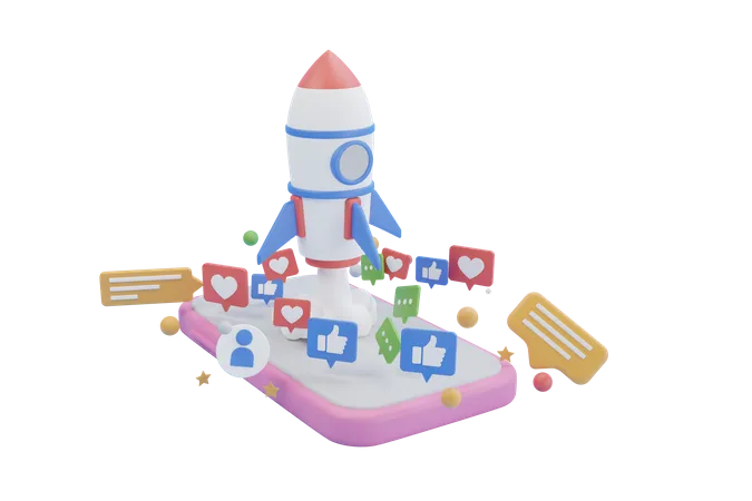 Rocket Boosting Social Media With Smartphone Rocket Flying Out From Social Media Post On Smartphone Social Media Advertising Concept 3 D Rendering 3D Illustration