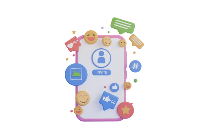 3 D Social Media Plattform Konzept Fur Online Social Communication Anwendungen Emoji Herzen Chat Einladung Folgen Und Bild Mit Smartphone Hintergrund 3 D Rendering 3D Illustration
