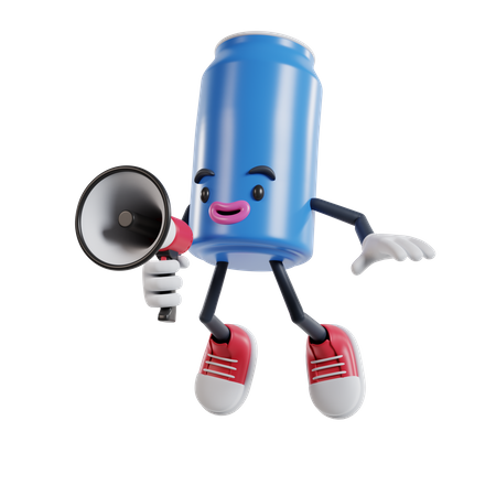 Soft drink can character announces with a megaphone while jumping up into the air 3D Illustration