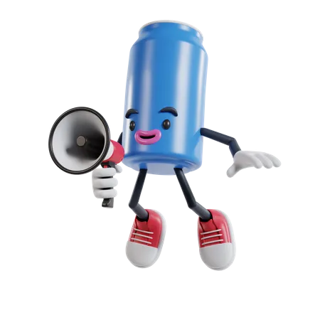 Soft drink can character announces with a megaphone while jumping up into the air 3D Illustration