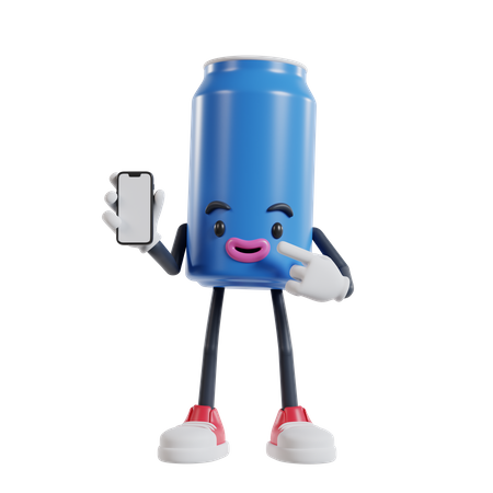 Soft drink can character pointing to phone screen  3D Illustration