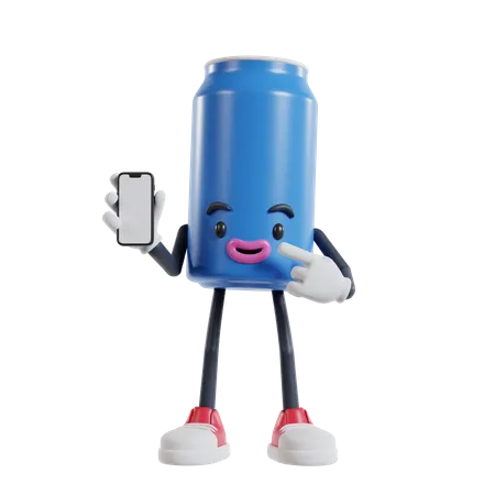 Soft drink can character pointing to phone screen  3D Illustration