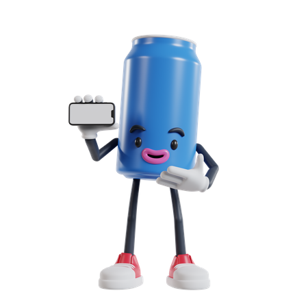 Soft drink can character presenting with a landscape phone screen 3D Illustration