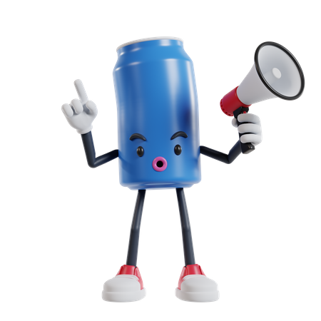 Soft drink can character raising finger as warning sign while talking using megaphone 3D Illustration