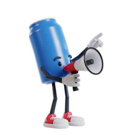 Soft drink can character speak using a megaphone and point it to the top left  3D Illustration