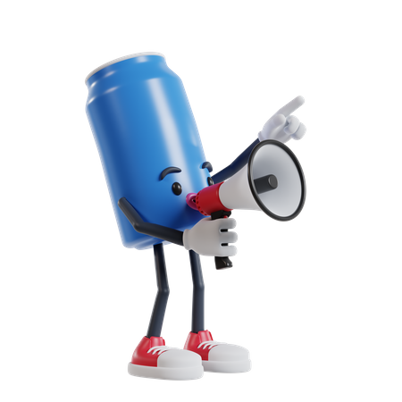 Soft drink can character speak using a megaphone and point it to the top left 3D Illustration