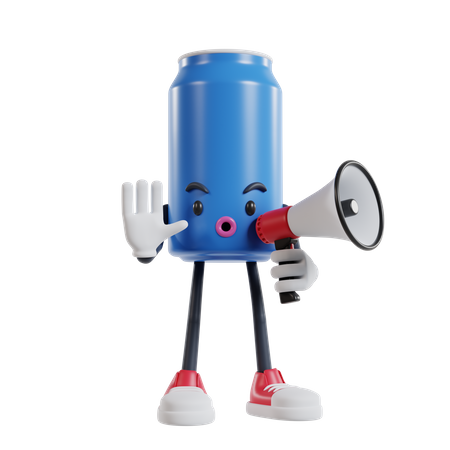 Soft drink can character striking a pose saying stop using a megaphone 3D Illustration