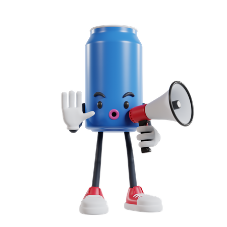 Soft drink can character striking a pose saying stop using a megaphone  3D Illustration