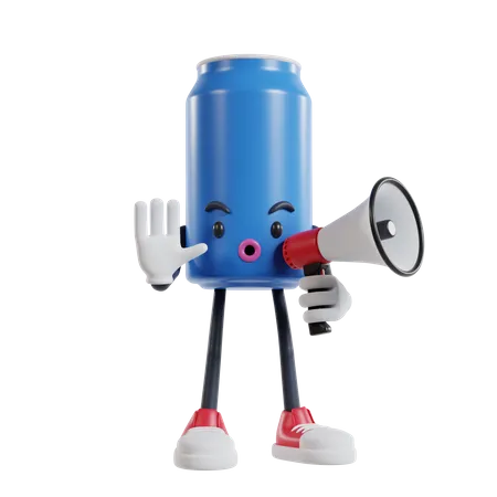 Soft drink can character striking a pose saying stop using a megaphone  3D Illustration