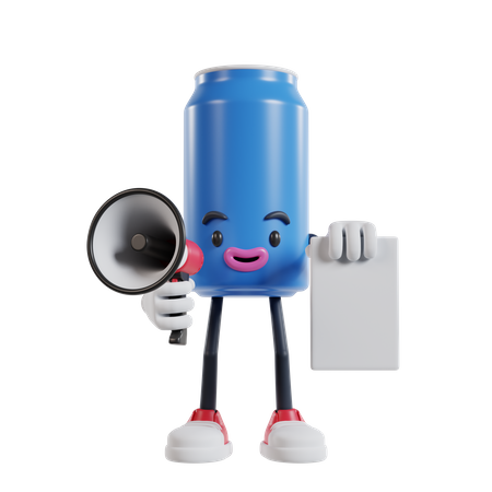 Soft drink can character talking into a megaphone while holding flyer paper  3D Icon