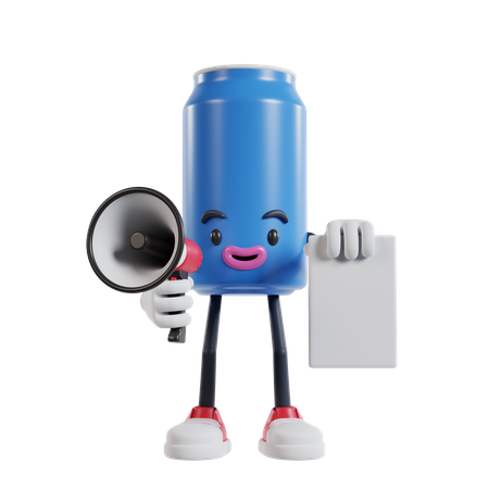 Soft drink can character talking into a megaphone while holding flyer paper  3D Illustration