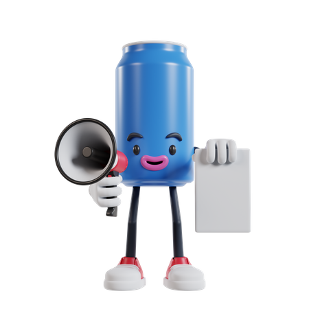 Soft drink can character talking into a megaphone while holding flyer paper 3D Illustration