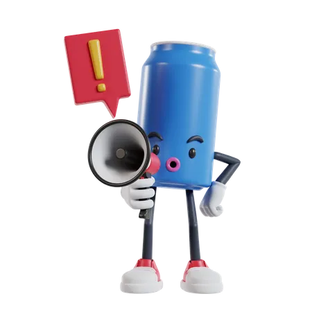 Soft drink can character talking loudly with megaphone saying no with exclamation mark  3D Illustration