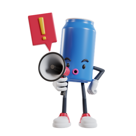 Soft drink can character talking loudly with megaphone saying no with exclamation mark 3D Illustration