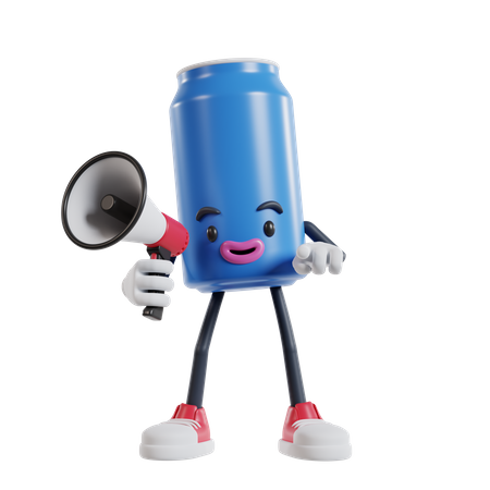 Soft drink cans holding a megaphone and pointing with index finger at the camera 3D Illustration