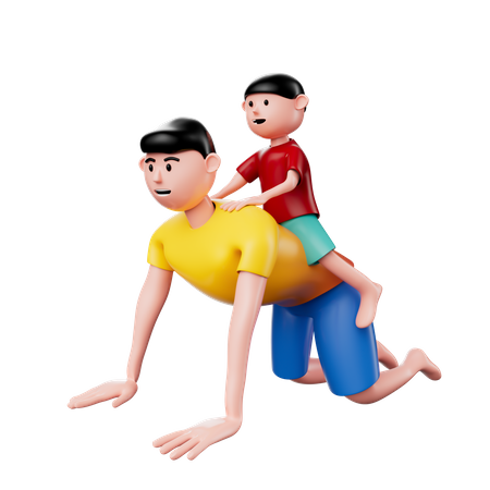 Sohn reitet auf dem Rücken des Vaters  3D Illustration