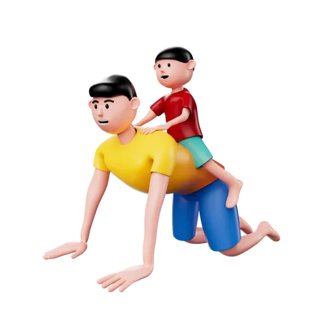 Sohn reitet auf dem Rücken des Vaters  3D Illustration