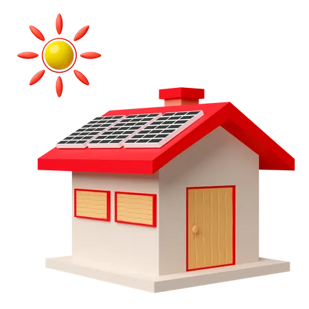 3 D Red Modern House With Solar Panels Photovoltaic Sun Float Coins Isolated Solar Power Free Electricity Renewable Energy Concept 3D Icon