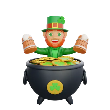 Soldado irlandés celebrando el día de San Patricio con una jarra de cerveza y monedas de oro.  3D Illustration