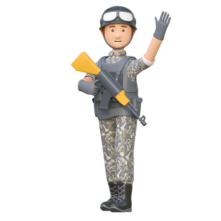 Soldado segurando Ak 47 acenando com a mão  3D Illustration