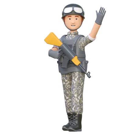 Soldado segurando Ak 47 acenando com a mão  3D Illustration