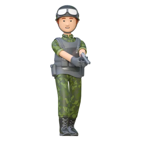Soldado segurando arma de mão  3D Illustration