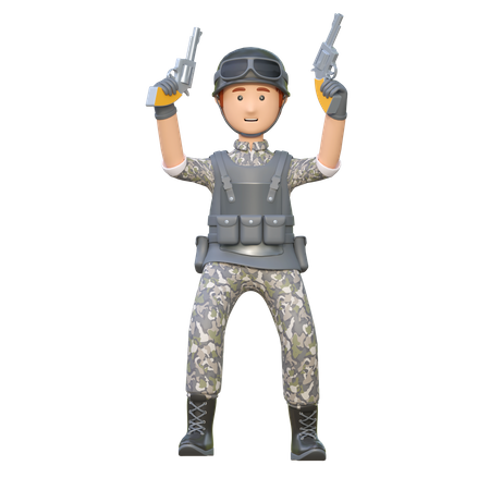 Soldado segurando revólver duplo  3D Illustration