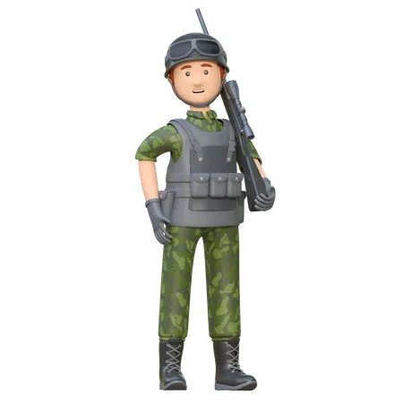 Soldado segurando rifle de atirador  3D Illustration