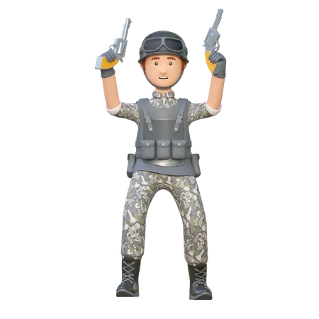 Soldado con revólver doble  3D Illustration