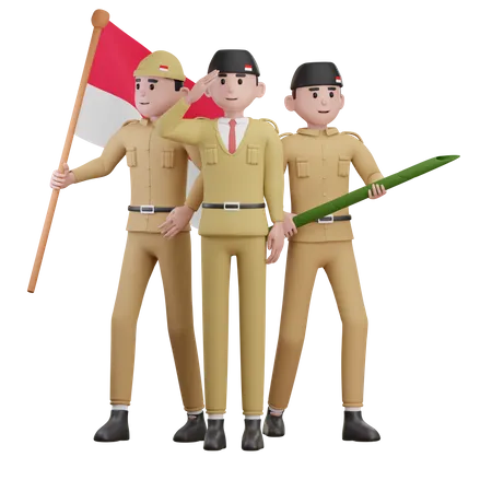 Soldados indonesios saludando el día de la independencia.  3D Illustration