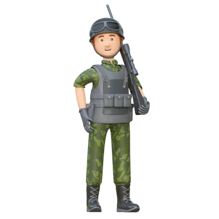 Soldat hält Scharfschützengewehr  3D Illustration