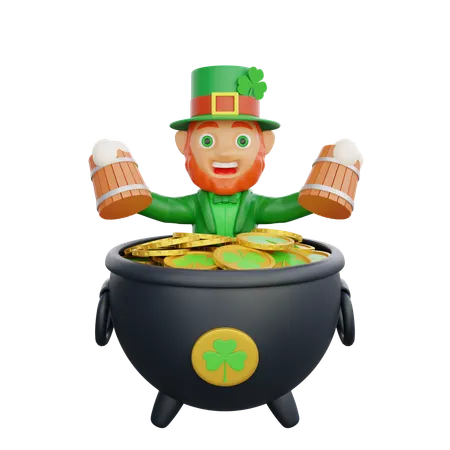 Soldat irlandais célébrant la fête de Patrick avec une chope de bière et des pièces d'or  3D Illustration