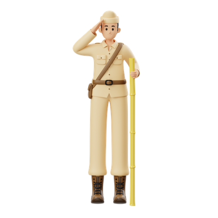 Un soldat salue tout en tenant du bambou  3D Illustration