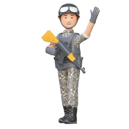 Soldat tenant Ak 47 agitant la main  3D Illustration