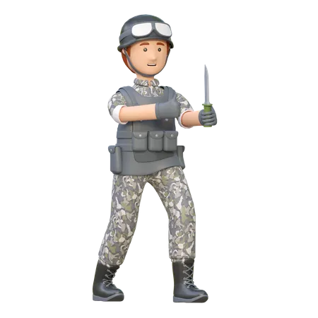 Military Man Ready To Fight With Military Knife 3 D Cartoon Illustration 3D Illustration