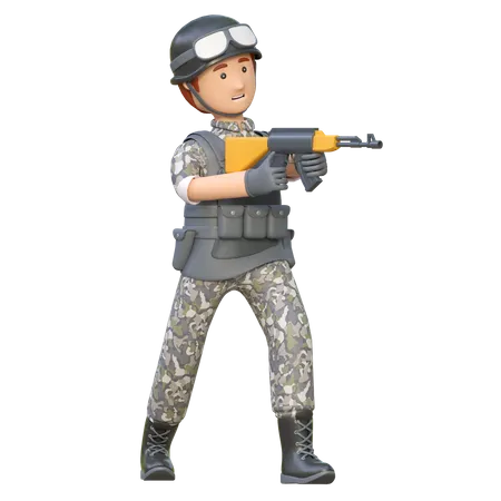 Military Man Holding Ak 47 Assault Rifle Gun 3 D Cartoon Illustration 3D Illustration