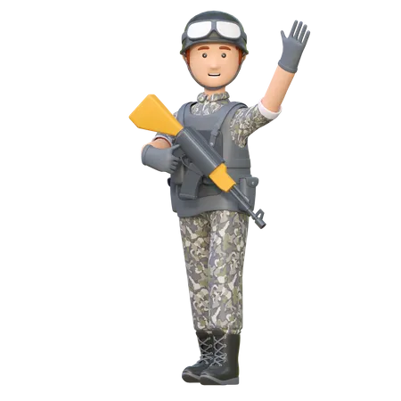 Soldier Holding Ak 47 waving hand  3D Illustration