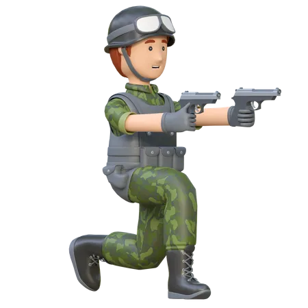 Military Man Holding Dual Hand Gun 3 D Cartoon Illustration 3D Illustration