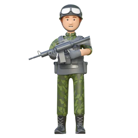 Military Man Holding Assault Rifle Gun 3 D Cartoon Illustration 3D Illustration