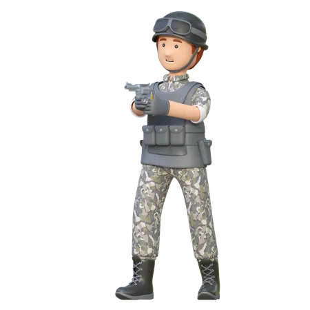 Military Man Holding Revolver Gun 3 D Cartoon Illustration 3D Illustration