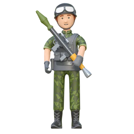 Military Man Holding RPG Rocket Launcher 3 D Cartoon Illustration 3D Illustration