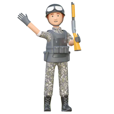 Military Man Holding Shotgun 3 D Cartoon Illustration 3D Illustration