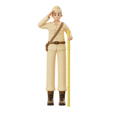 Soldier Salutes While Holding Bamboo  3D Illustration