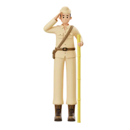 Soldier Salutes While Holding Bamboo  3D Illustration