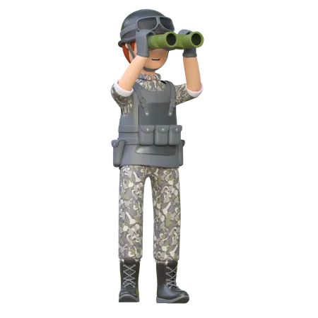 Military Man Using Binocular 3 D Cartoon Illustration 3D Illustration