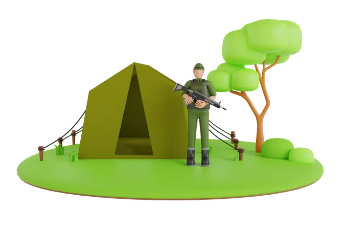 3 D Illustration Of Soldier With A Gun Is Protecting Military Base Soldier In Uniform Army Camp Military Tent 3D Illustration